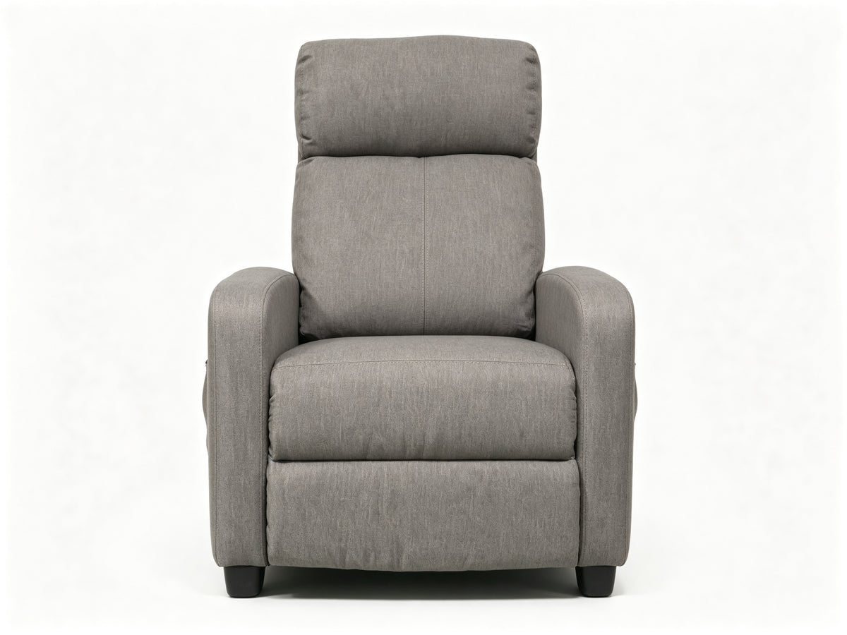 Gray Linen Push-Back Recliner with Padded Arms & Side Storage Pocket