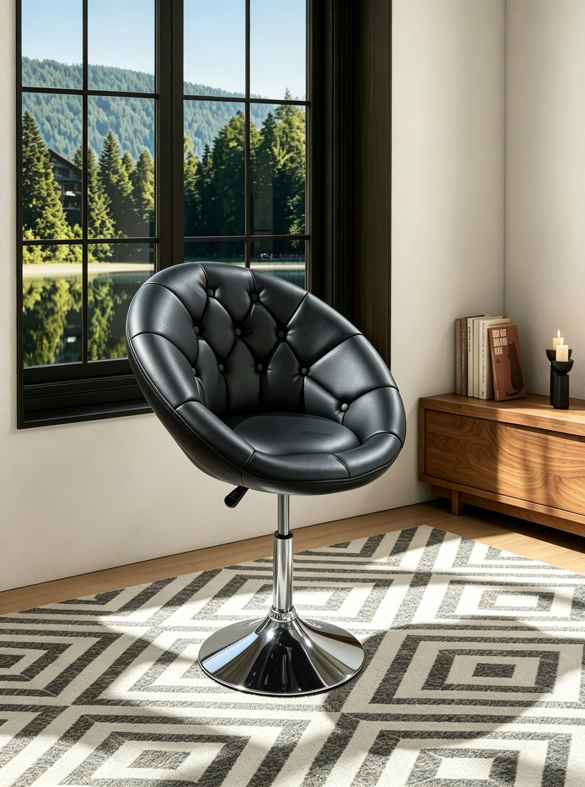 Black Height-Adjustable Swivel Chair with Button Tufting & Silver Base