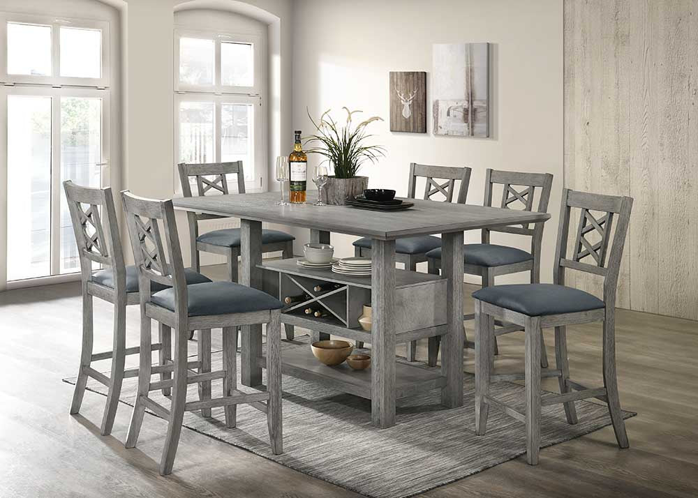 Gray Wood 7-Piece Counter Height Dining Set with Built-In Wine Rack & Storage Shelf