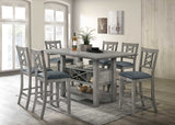 Gray Wood 7-Piece Counter Height Dining Set with Built-In Wine Rack & Storage Shelf