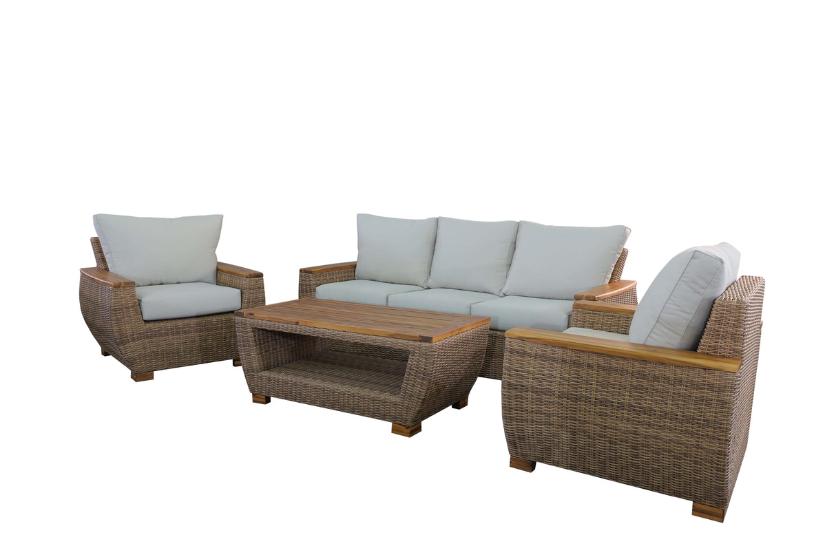 5-Piece Wicker Outdoor Conversation Set with Acacia Coffee Table – Cream Cushions