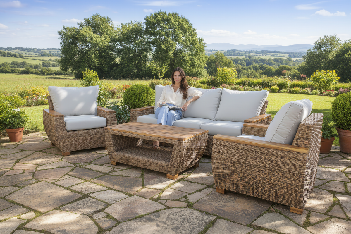 Woman sitting on a patio with outdoor furniture set in a scenic garden.