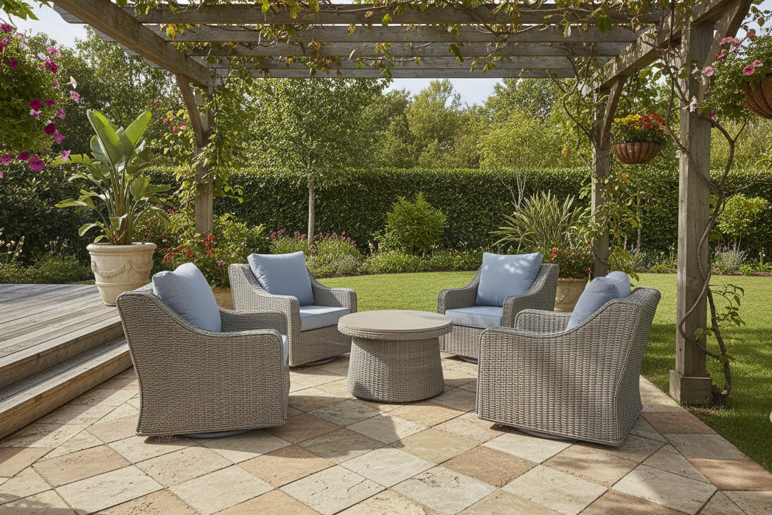 Outdoor furniture set with four wicker chairs and a round table on a white background