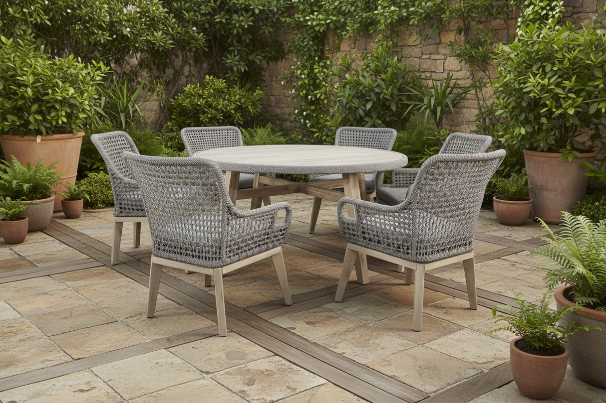 7-Piece Gray Wicker Outdoor Dining Set with Round Wooden Table