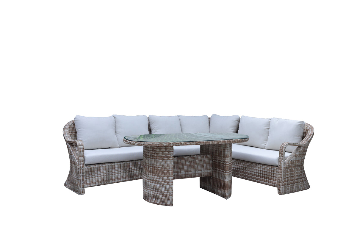 Outdoor furniture set with a sectional sofa and round table on a white background