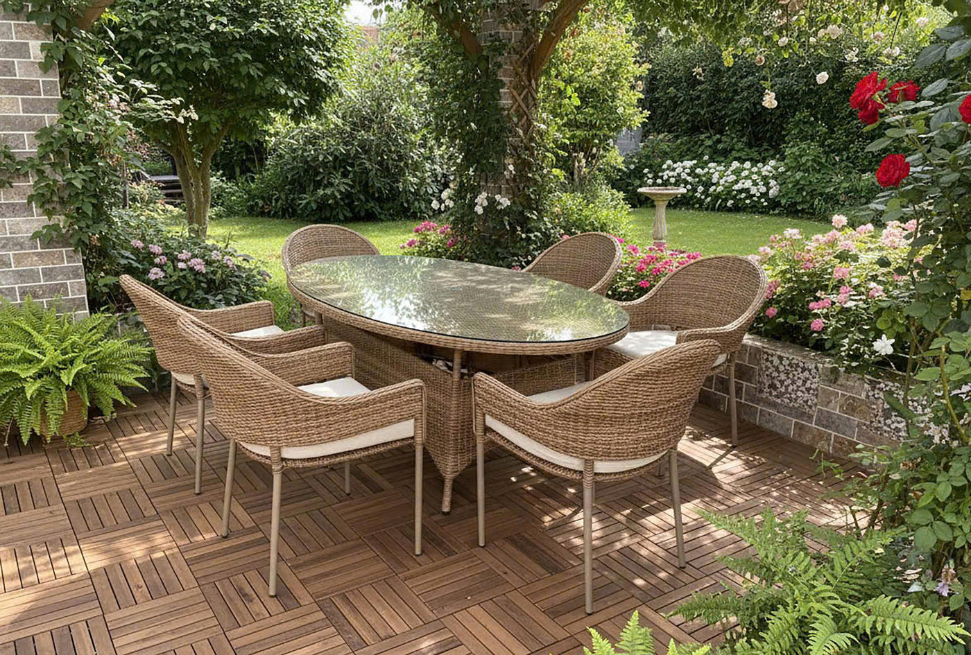 Coastal natural wicker oval seven-piece outdoor dining set with tempered glass top