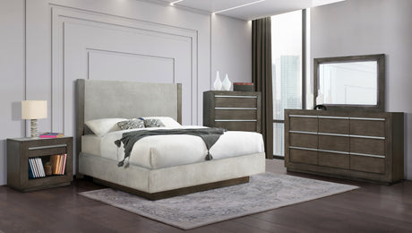 Modern bedroom with gray upholstered bed, nightstands, dresser, and mirror.