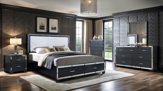 Modern Glam Graphite 6-Piece Bedroom Set with LED Upholstered Bed, Dresser, Mirror & USB Nightstand