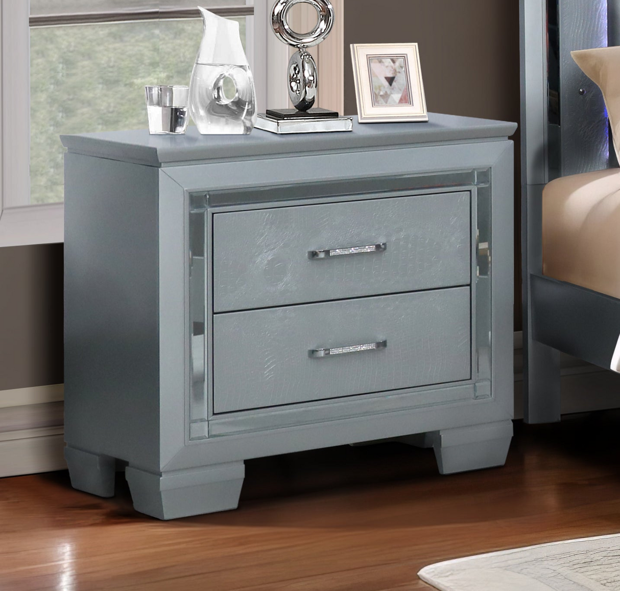 Silver Glam USB Nightstand with Crocodile-Texture Drawer Fronts