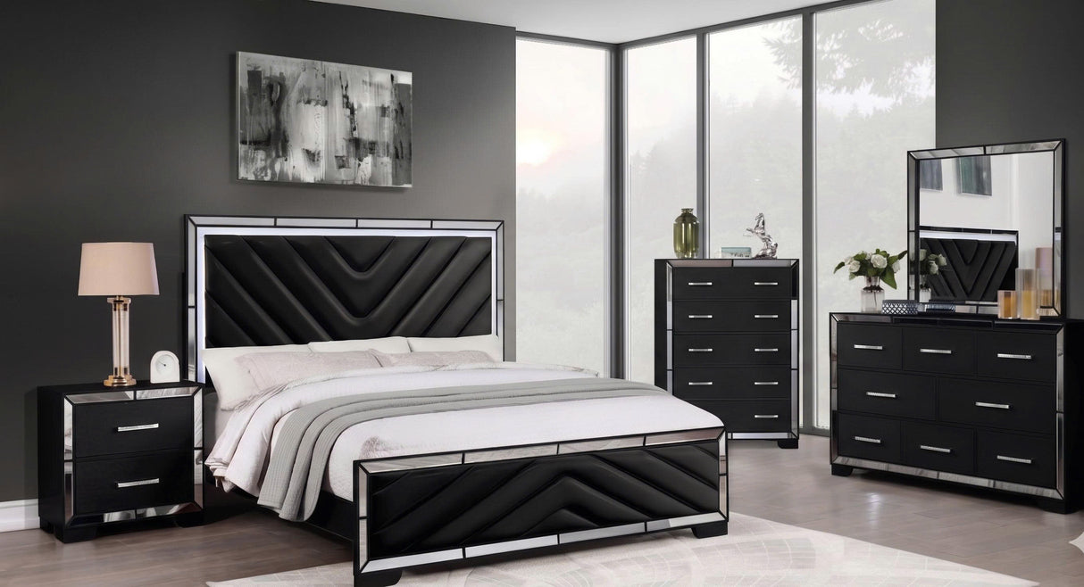 Sleaford Black Velvet LED 6-Piece Queen Bedroom Set with Mirrored Accents & USB Nightstand