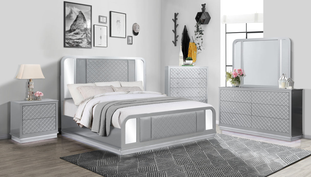 Silver LED Checkered Panel 2-Drawer Nightstand with USB Charging