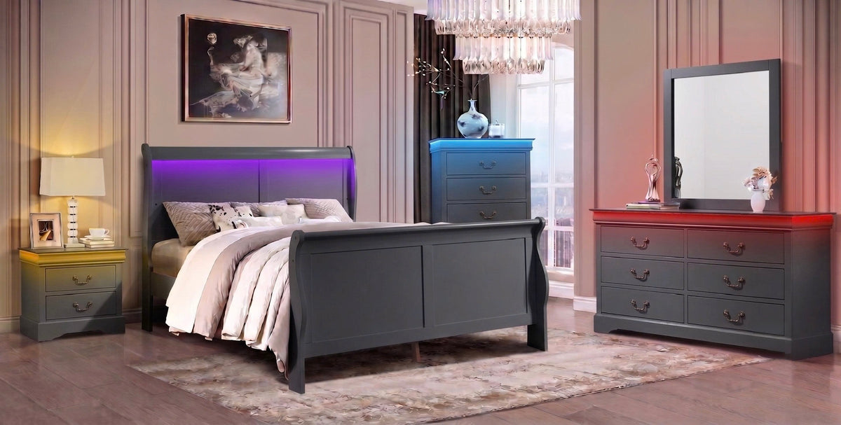 Gray Modern Pine Wood LED Bedroom Chest