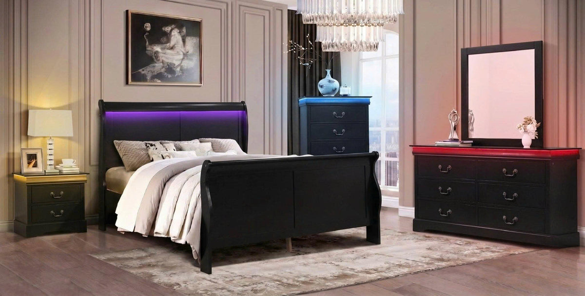 Black Wood Sleigh Bedroom Set with Multicolor LED Lights & USB Charging