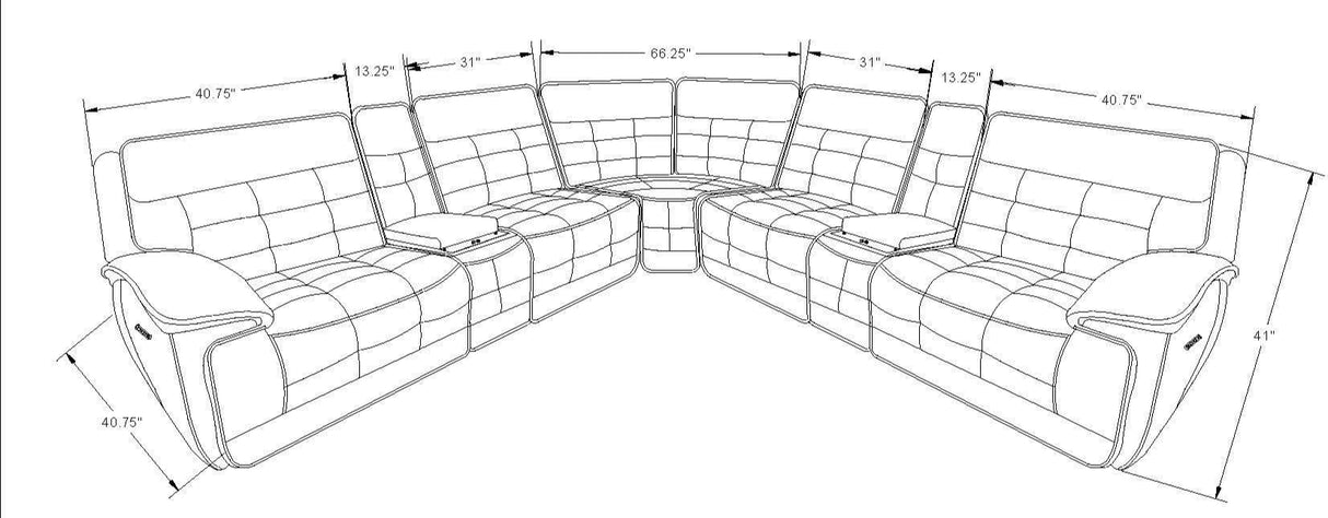 Line drawing of a sectional sofa with dimensions