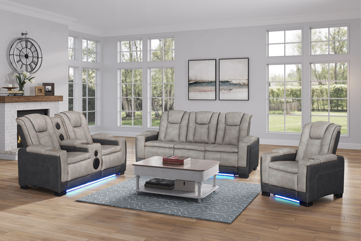 Gray 3 Piece Power Reclining Living Room Set with LED Lighting, Storage, and USB Ports