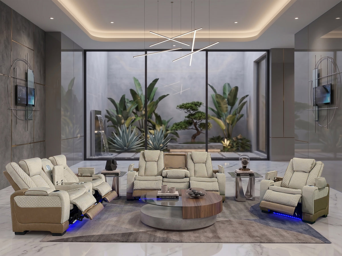 Lumina 3-Piece Light Beige Triple Power Reclining Living Room Set with Audio, Wireless Charging & LED Lights