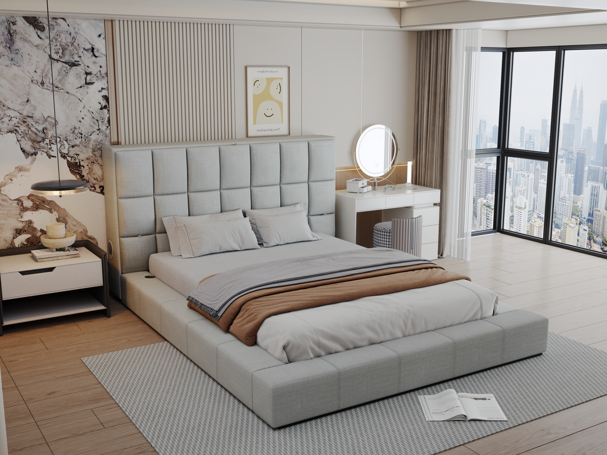 Modern Grey Upholstered Platform Bed with Storage Headboard, Wireless Charging & Speakers