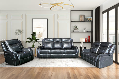 Black leather sofa set in a modern living room with wooden floor and large windows.