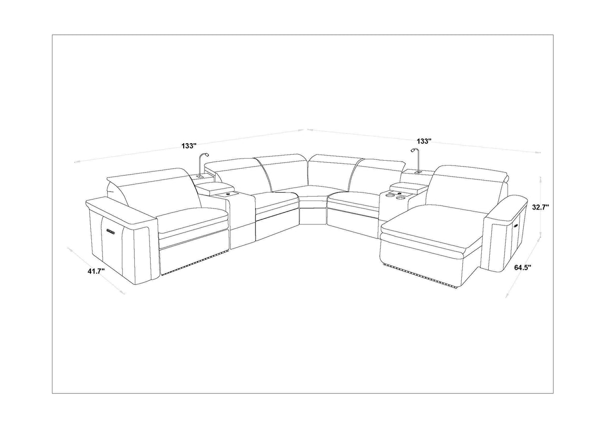 Modern Black 7 Piece Power Reclining Sectional with Chaise and LED Lights