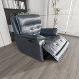 Jade Blue Top-Grain Leather Dual-Power Recliner with USB Charging & Adjustable Headrest