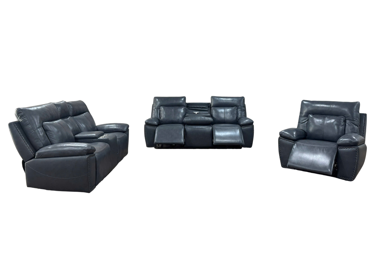 Modern 3-Piece Top Grain Leather Power Reclining Living Room Set with Console, Drop-Down Table, Cup Holders & USB (Slate)
