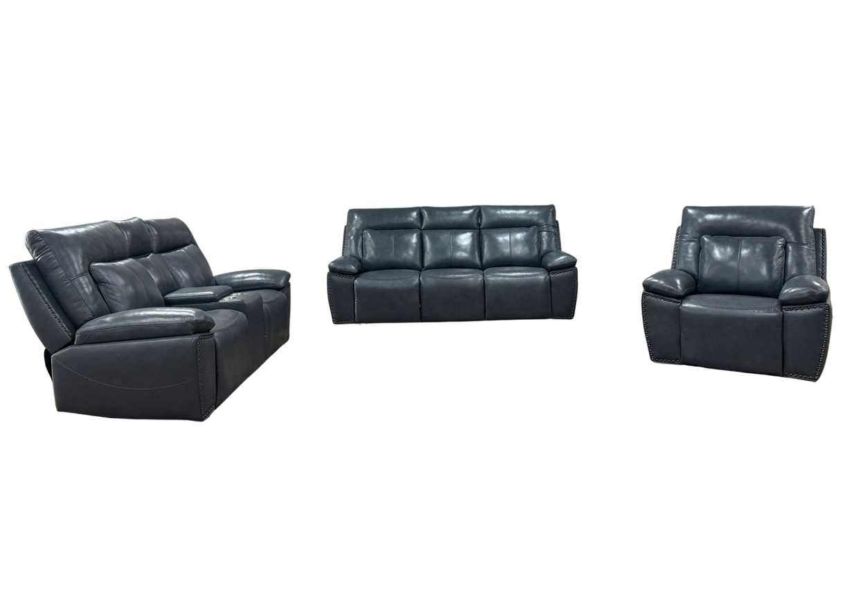 Modern 3-Piece Top Grain Leather Power Reclining Living Room Set with Console, Drop-Down Table, Cup Holders & USB (Slate)
