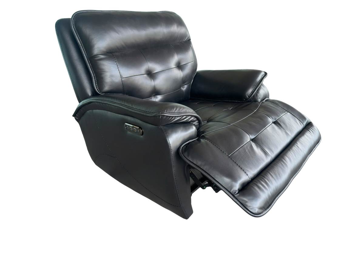 Grey Top Grain Leather Power Recliner with Adjustable Headrest