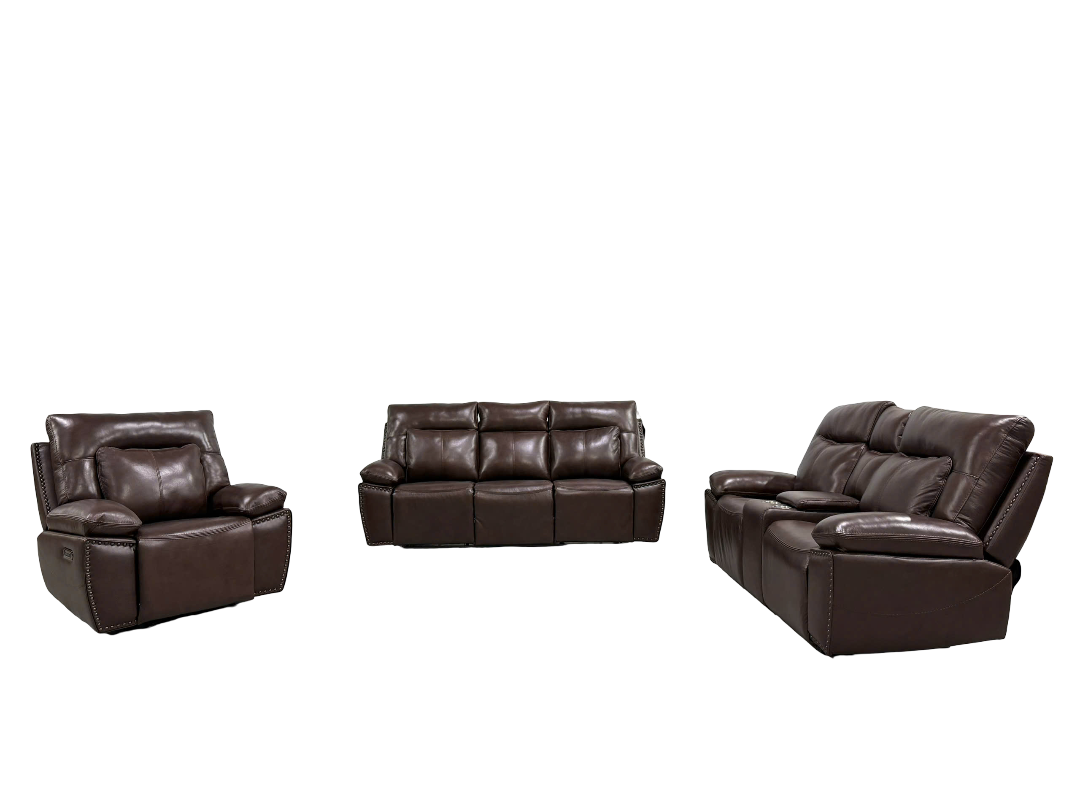 Dark Brown 3‑Piece Reclining Living Room Set with Top‑Grain Leather Seating