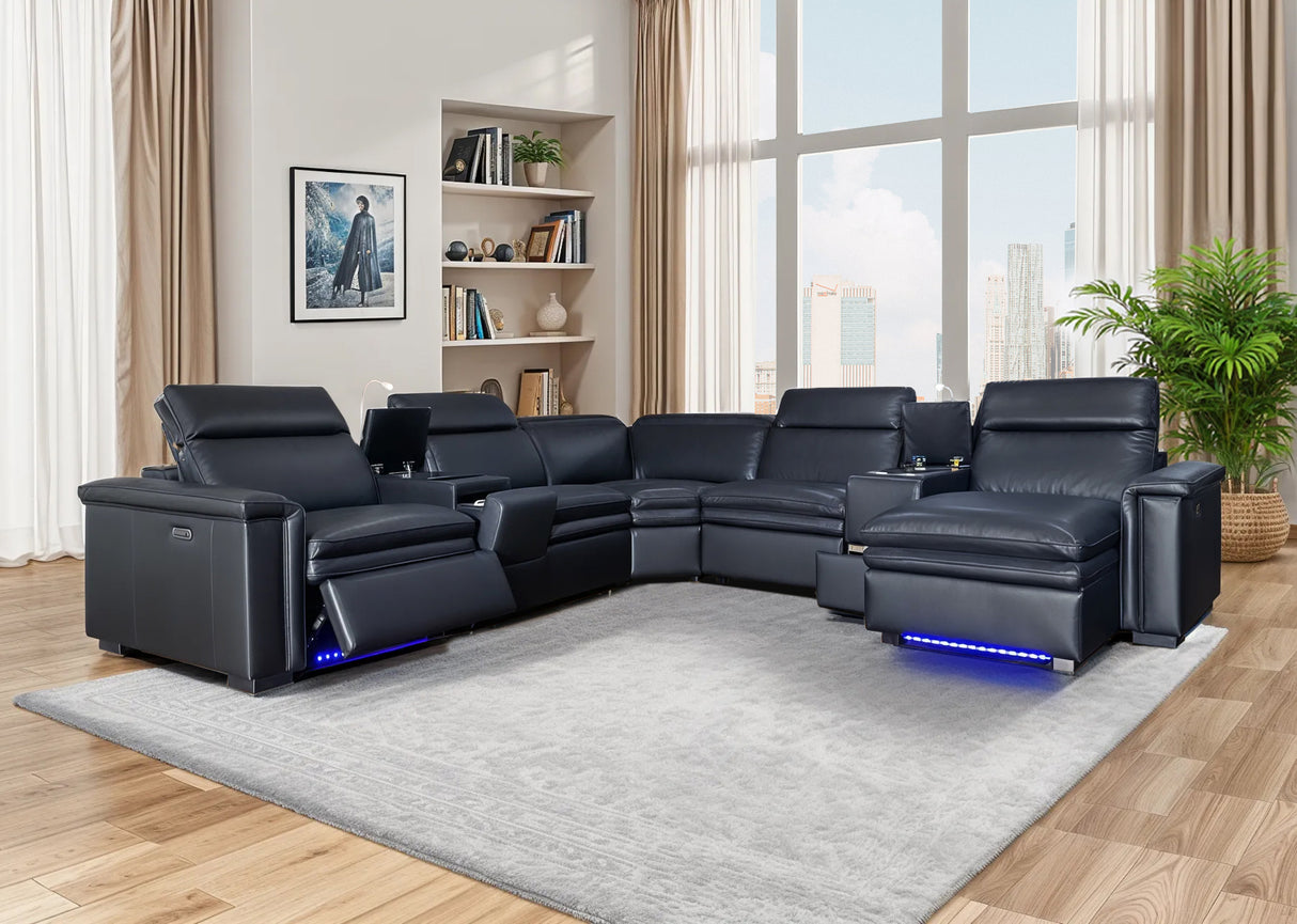 Modern Black 7 Piece Power Reclining Sectional with Chaise and LED Lights