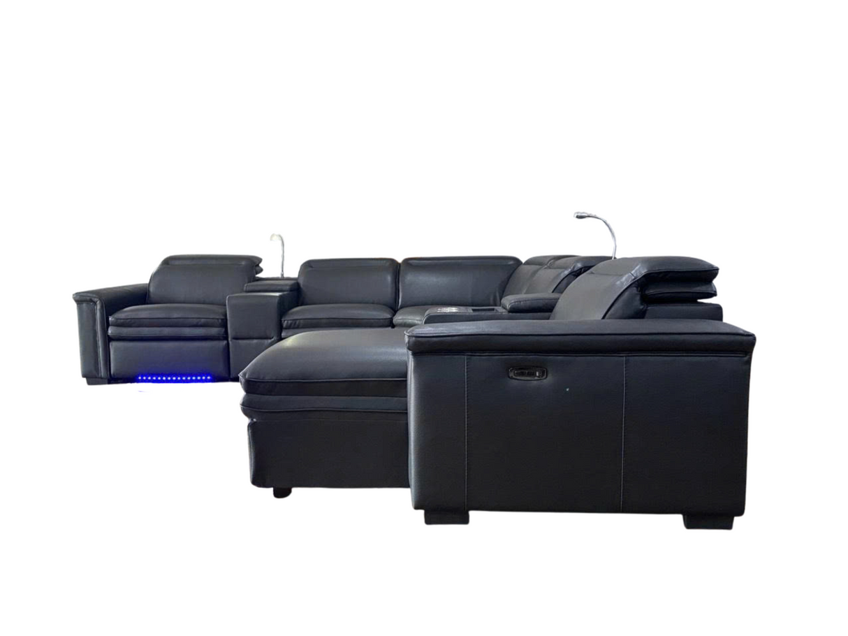 Modern Black 7 Piece Power Reclining Sectional with Chaise and LED Lights