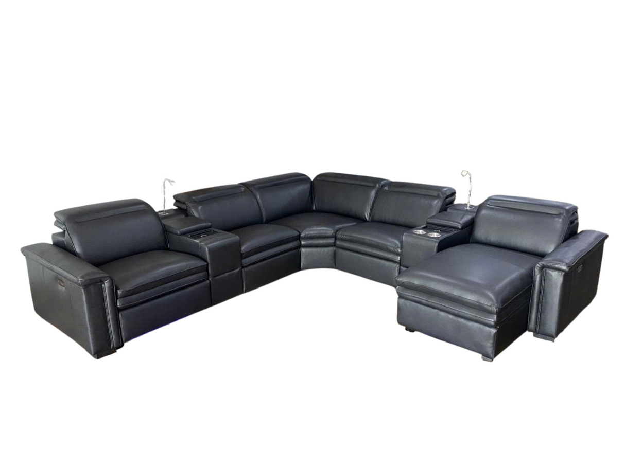 Modern Black 7 Piece Power Reclining Sectional with Chaise and LED Lights