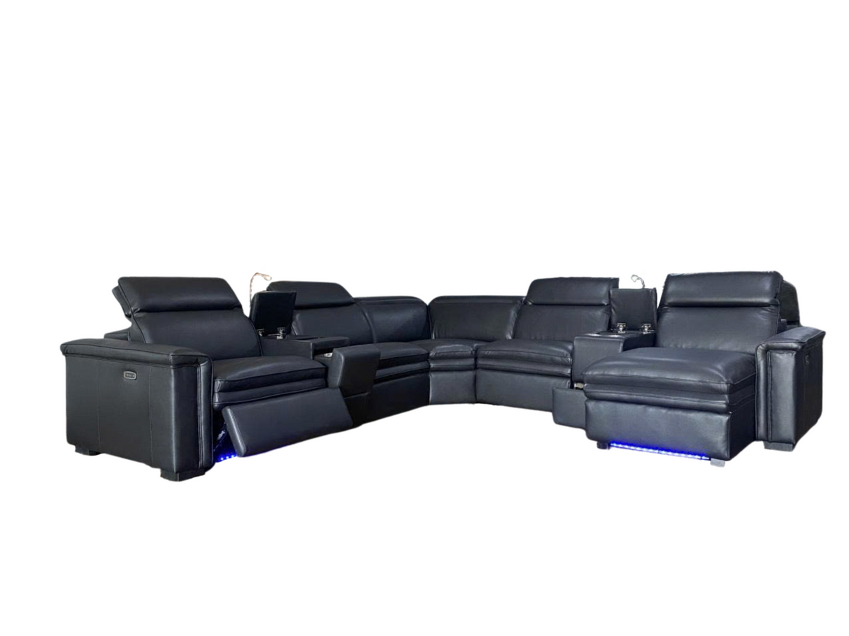 Modern Black 7 Piece Power Reclining Sectional with Chaise and LED Lights