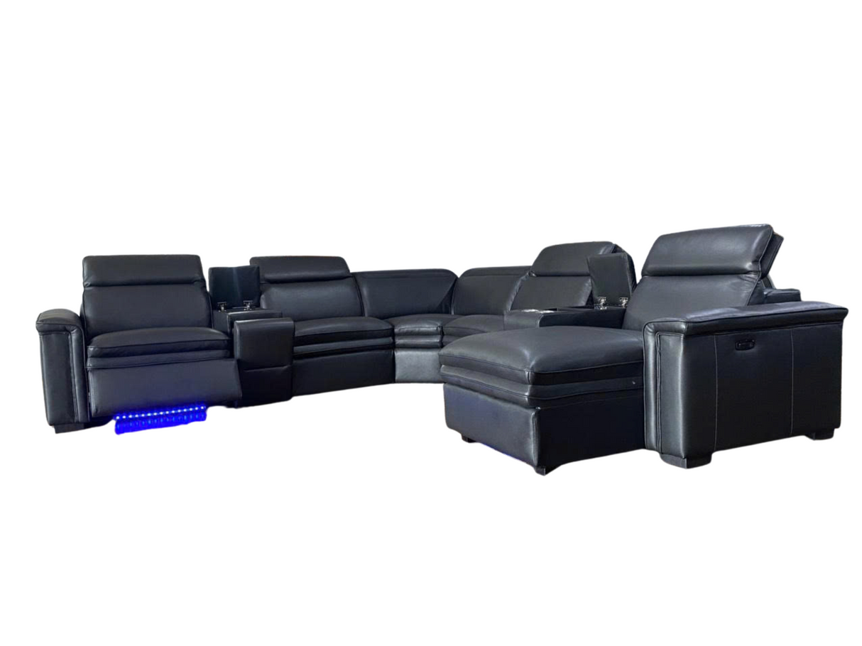 Modern Black 7 Piece Power Reclining Sectional with Chaise and LED Lights