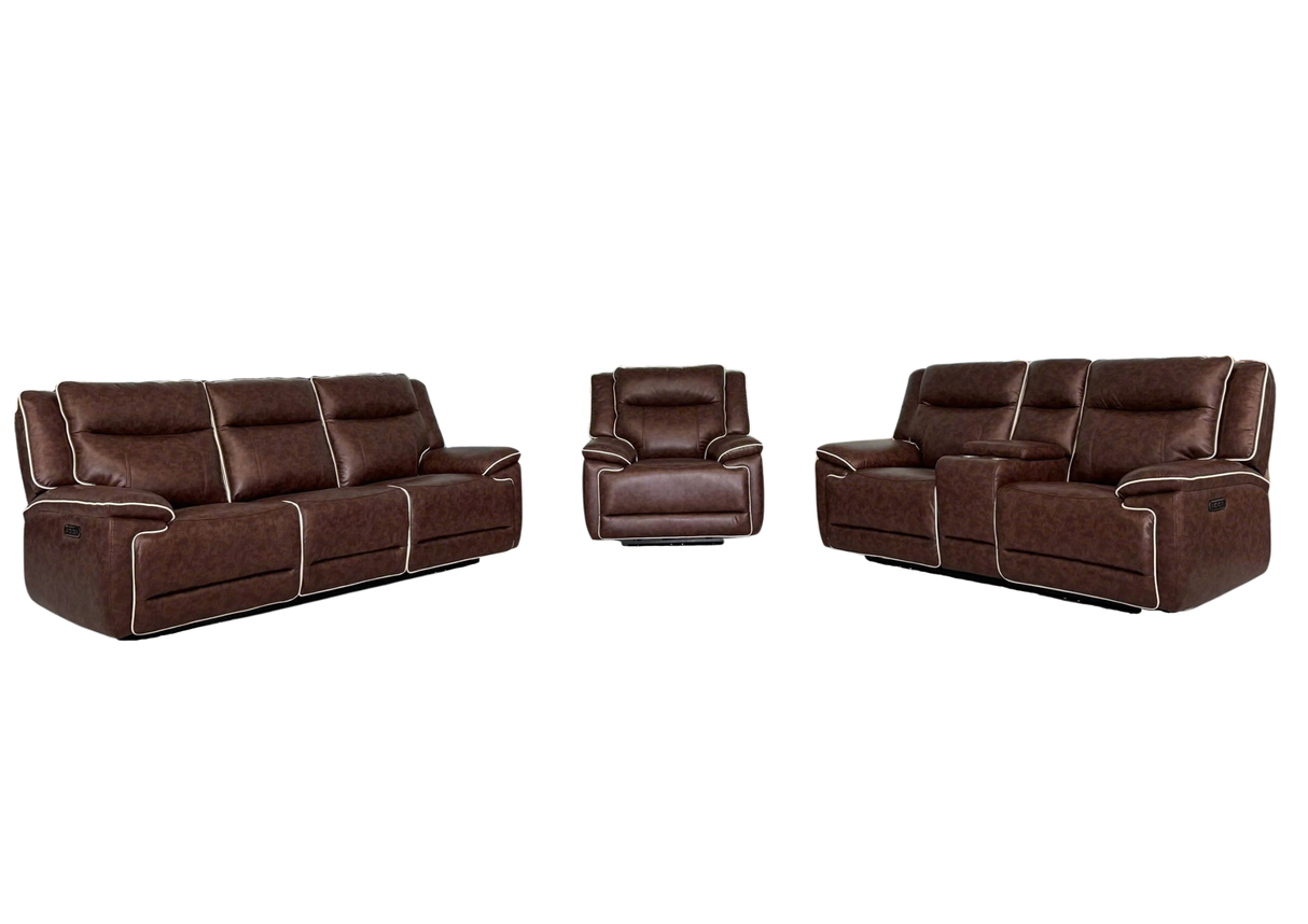 Contemporary Dark Brown Dual Power Reclining 3-Piece Living Room Set w/ USB & Wireless Charging, Console Storage & Drop-Down Table