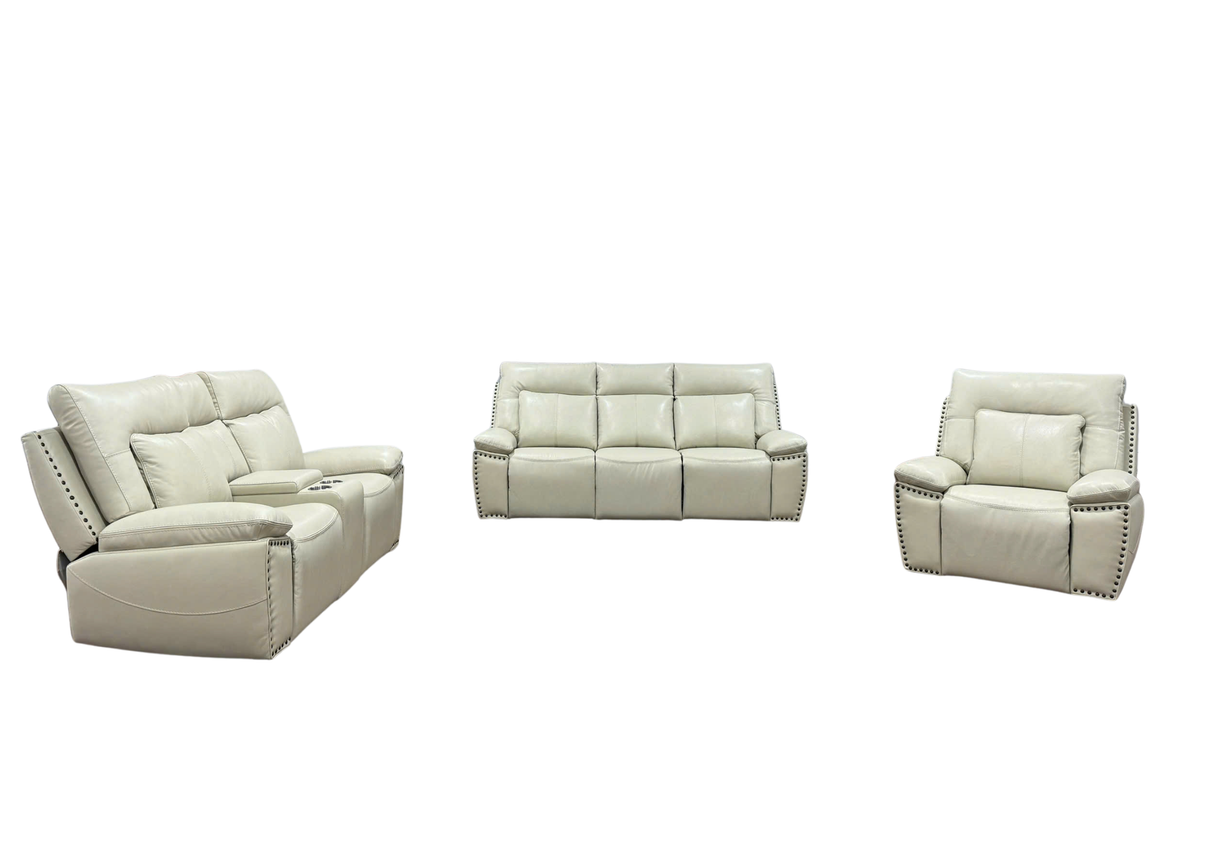 3-Piece Top Grain Leather Power Reclining Living Room Set with Console, Drop-Down Table, Cup Holders & USB (Cream)