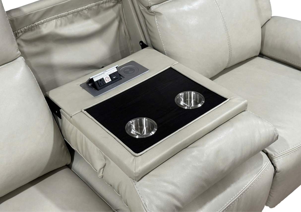 3-Piece Top Grain Leather Power Reclining Living Room Set with Console, Drop-Down Table, Cup Holders & USB (Cream)