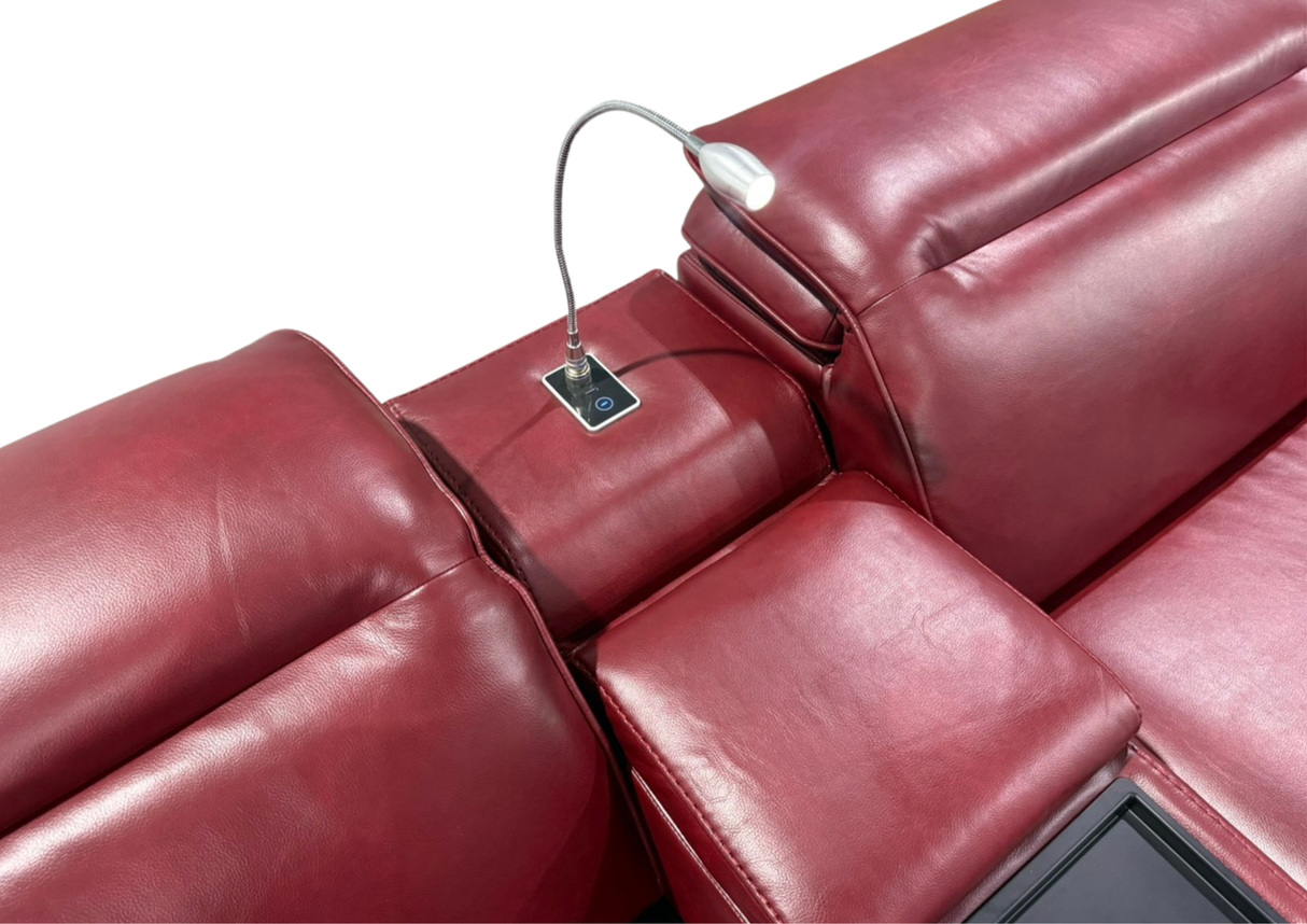 Modern Burgundy Red 7-Piece U-Shaped Power Reclining Sectional with Chaise, LED Lights & Charging