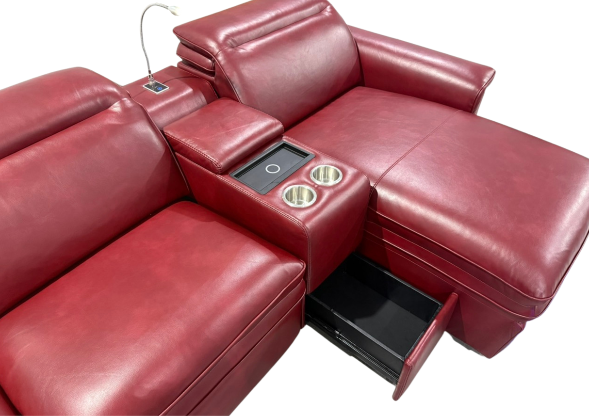 Modern Burgundy Red 7-Piece U-Shaped Power Reclining Sectional with Chaise, LED Lights & Charging