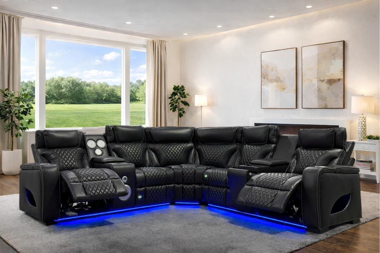 Black Power Reclining Sectional with Power Headrests, Speaker, Wireless Charging & LED Lighting