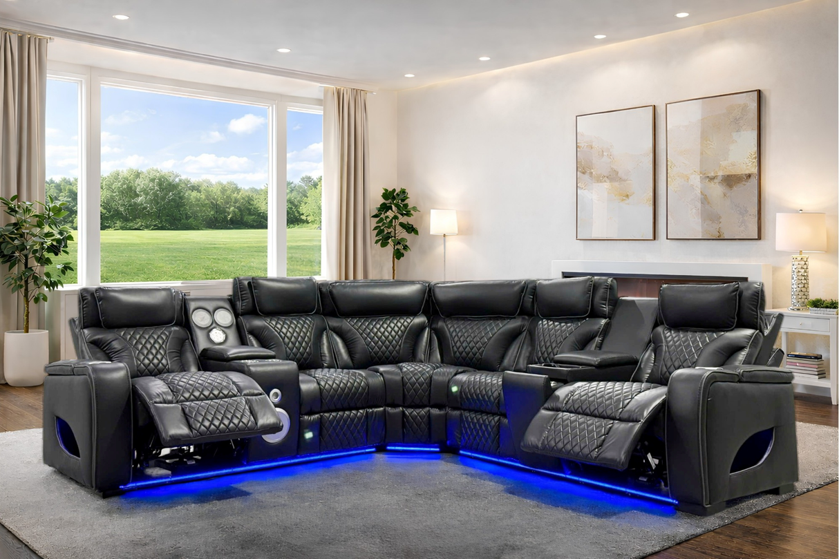 Black Power Reclining Sectional with Power Headrests, Speaker, Wireless Charging & LED Lighting
