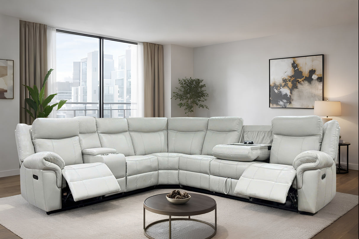 3 Piece Power Reclining Sectional with Power Headrests, Wireless Charging & Pull-Out Storage Drawer - Bone Air Leather