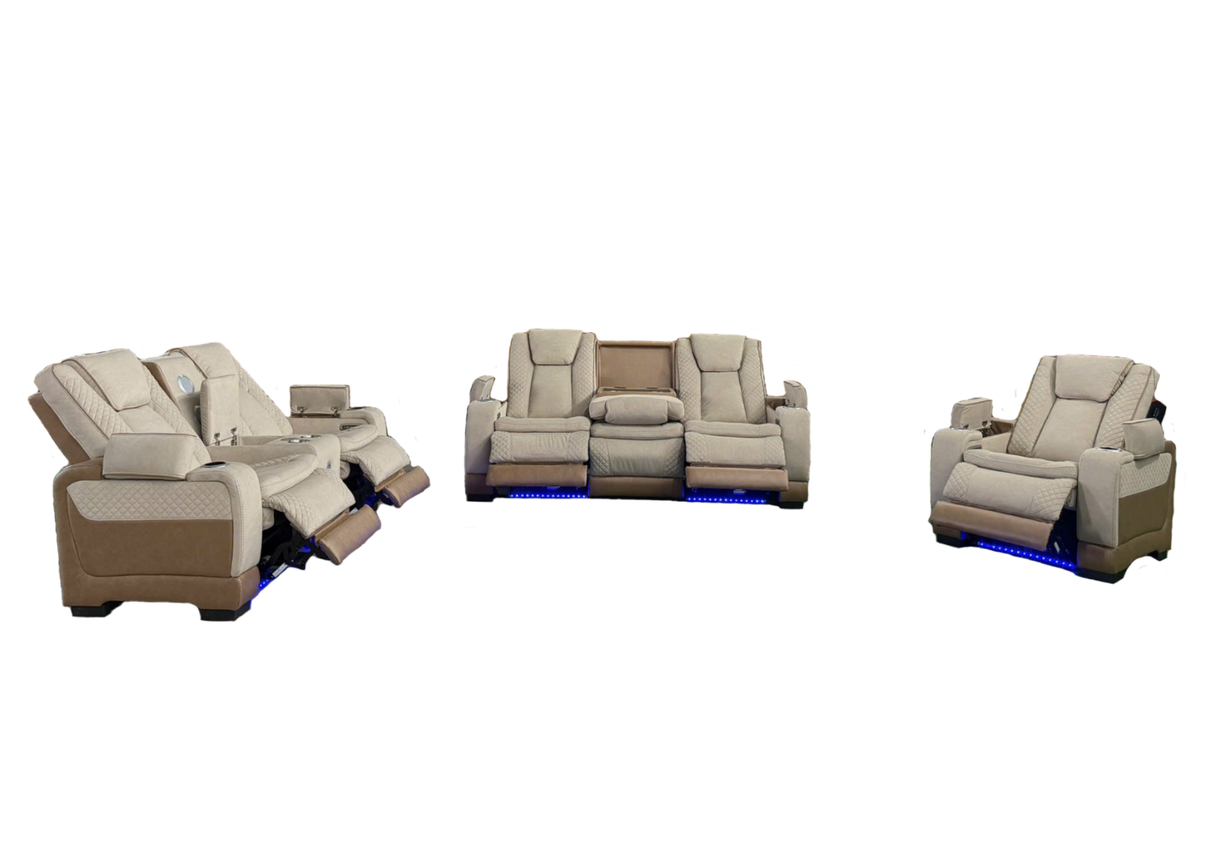 Lumina 3-Piece Light Beige Triple Power Reclining Living Room Set with Audio, Wireless Charging & LED Lights