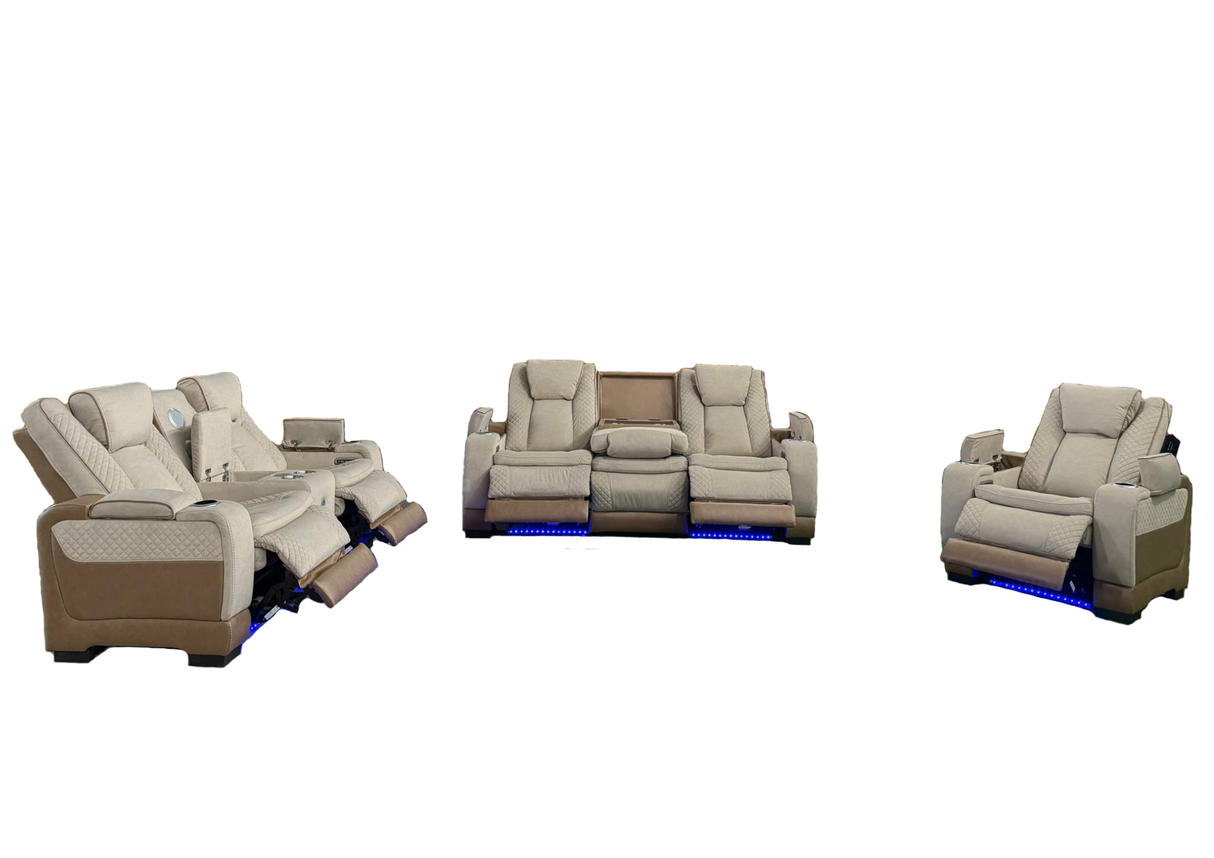 Lumina 3-Piece Light Beige Triple Power Reclining Living Room Set with Audio, Wireless Charging & LED Lights