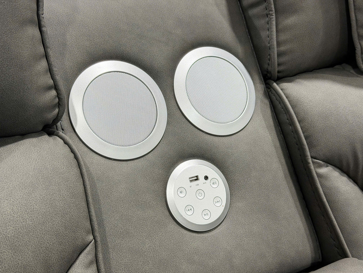 Contemporary Gray Power Reclining Sectional with Power Headrests, LED, Speakers & Wireless Charging