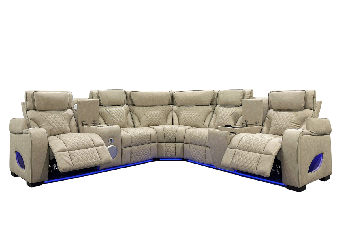 3-Piece Beige Power Reclining Sectional with Power Headrest, LED, Speakers & Wireless Charging
