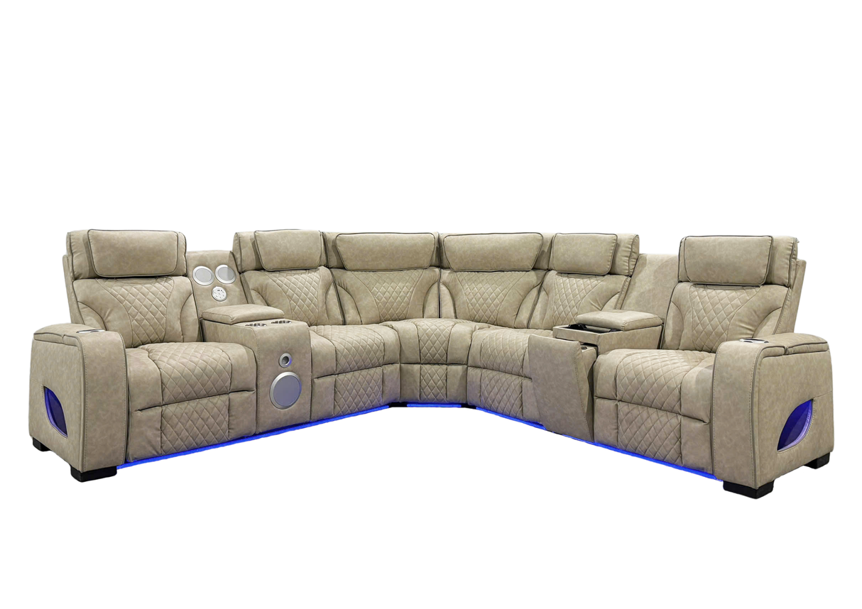3-Piece Beige Power Reclining Sectional with Power Headrest, LED, Speakers & Wireless Charging