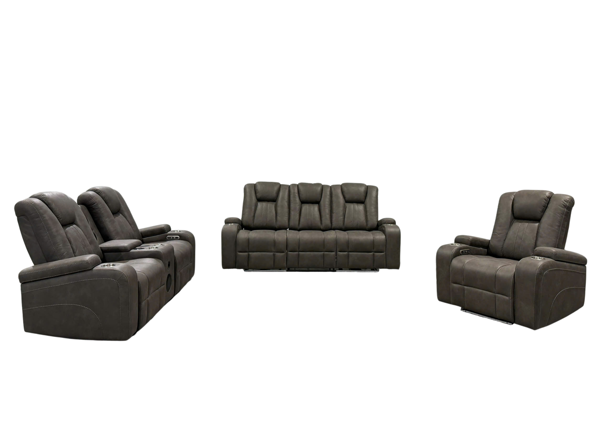 Gray 3-Piece Power Reclining Living Room Set with Power Headrests, LED Lights & Speakers
