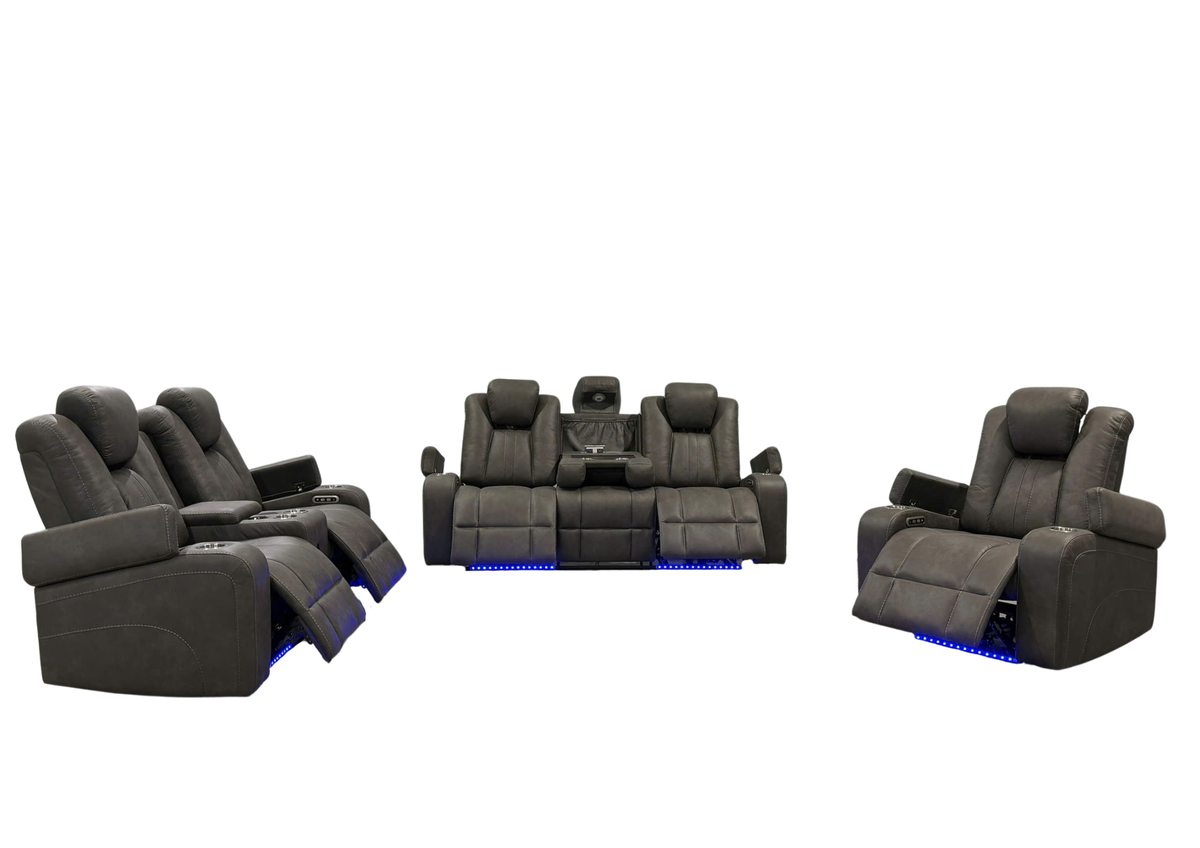 Gray 3-Piece Power Reclining Living Room Set with Power Headrests, LED Lights & Speakers