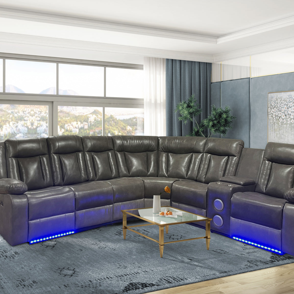 Grey Power Reclining Sectional with Drop-Down Table | Bel Furniture