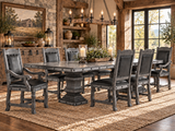 Rustic Weathered Gray 9-Piece Dining Room Set with 102-Inch Double-Pedestal Table & Nailhead-Trim Upholstered Chairs